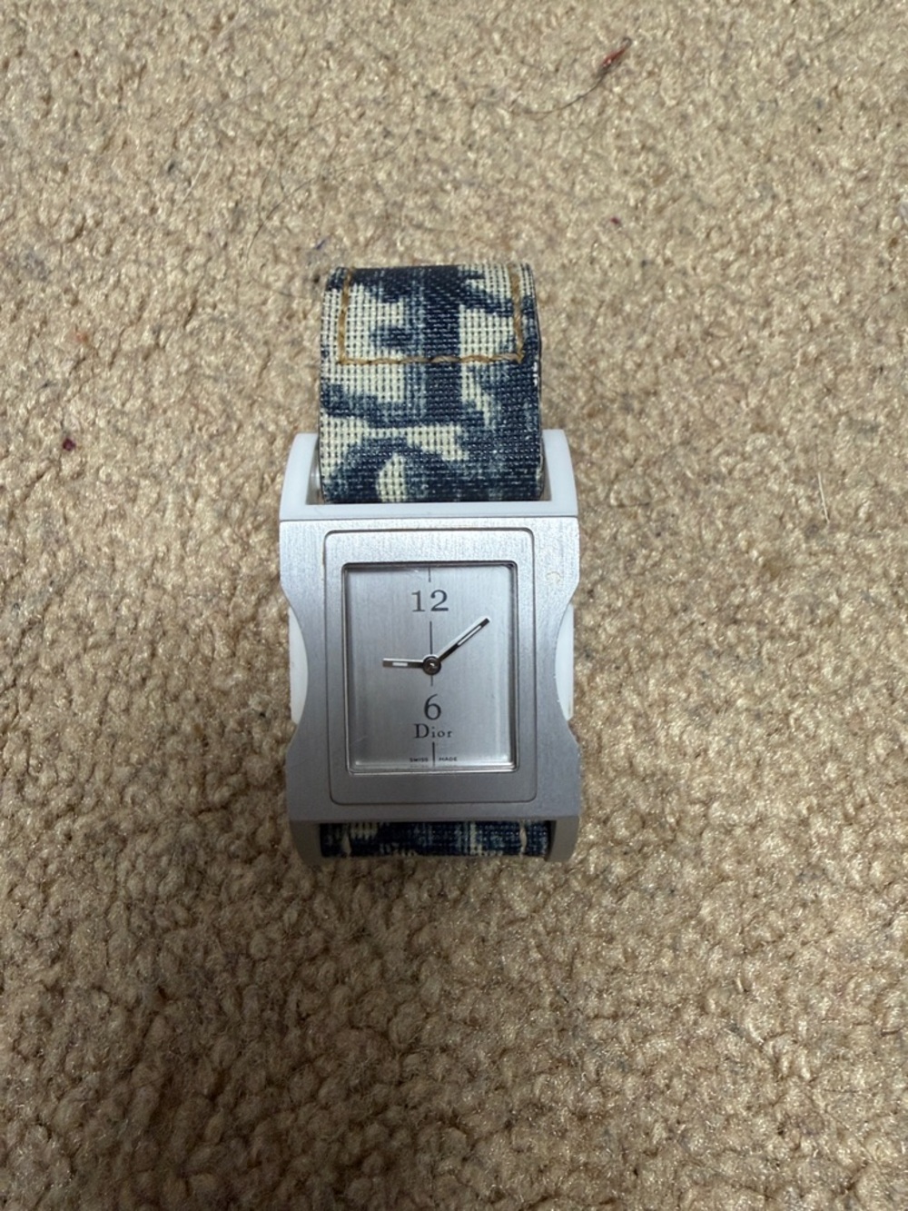 Dior Stainless Rectangular Watch with Blue & Cream Fabric Strap - Picture 3 of 6